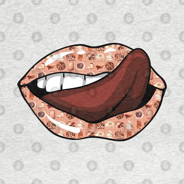 Artistic Abstract Bread and Pastries Pattern Lips with Brown Tongue - by Iskybibblle by iskybibblle